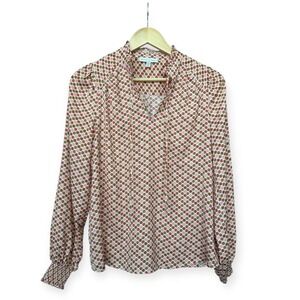 Women's Paris Blouse With Geometric Pattern XS Smocked Neck Feminine Office Chic